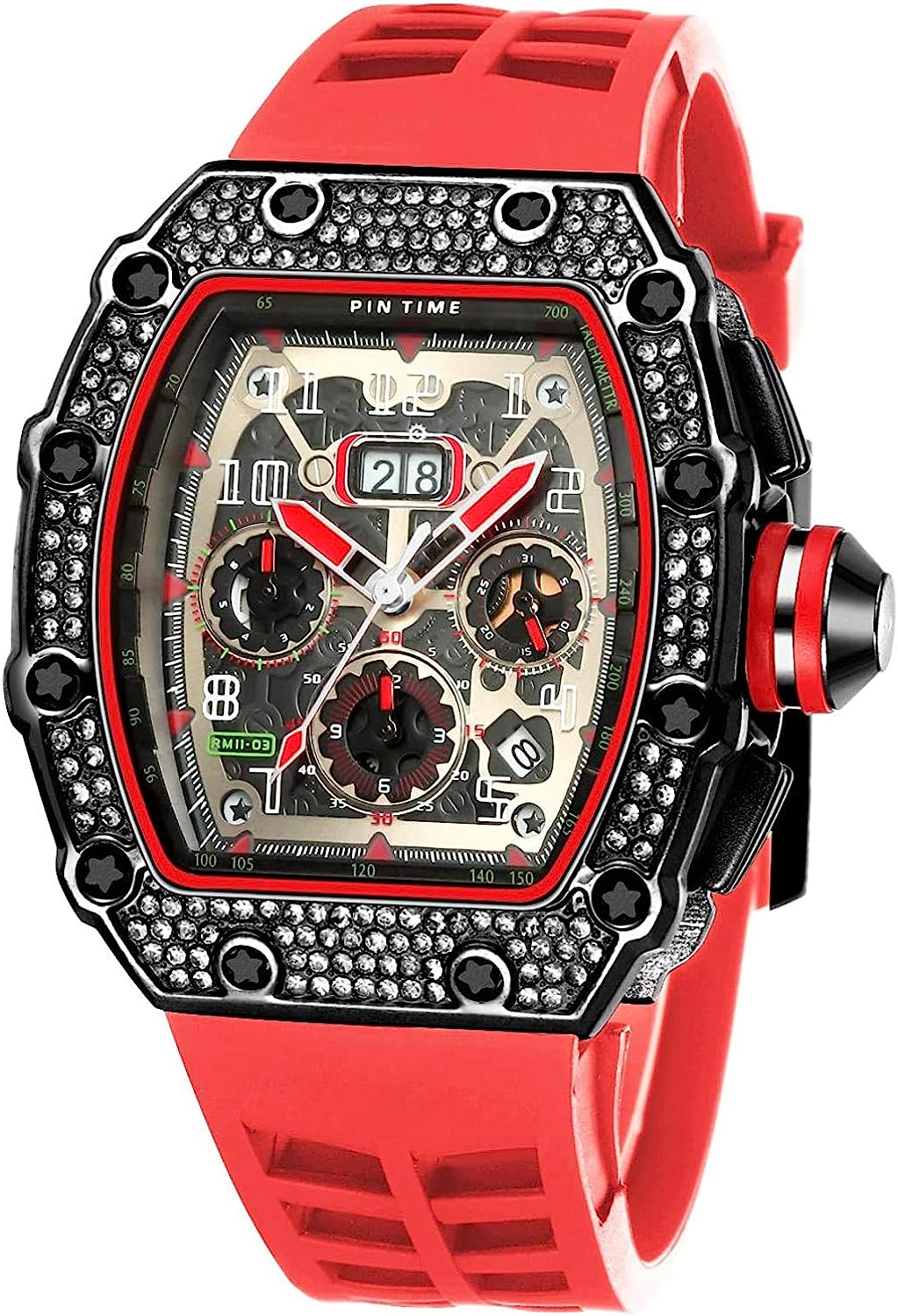 Gosasa Mens Diamond Watches Luxury Tonneau Watches for Men Analog Watch Chronograph Calendar Date Men’s Dress Business Work Watch Large Rectangle Face Wristwatch with Silicon Strap - Image 2
